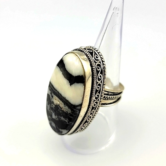 Unbranded Jewelry - VTG Zebra Stone Marble Jasper 925 Silver Plated Ring Natural Gemstone US Size 7
